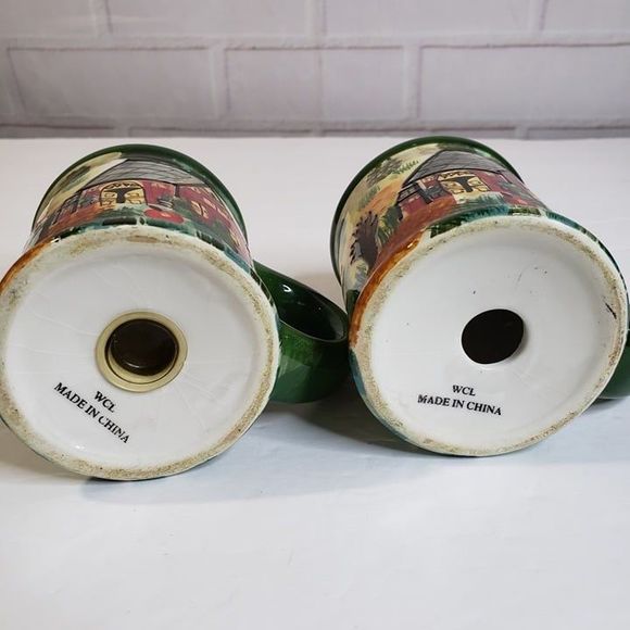 Vintage Farmhouse Green Ceramic Handled Salt and Pepper Shakers S+P Red Barn - Picture 7 of 9